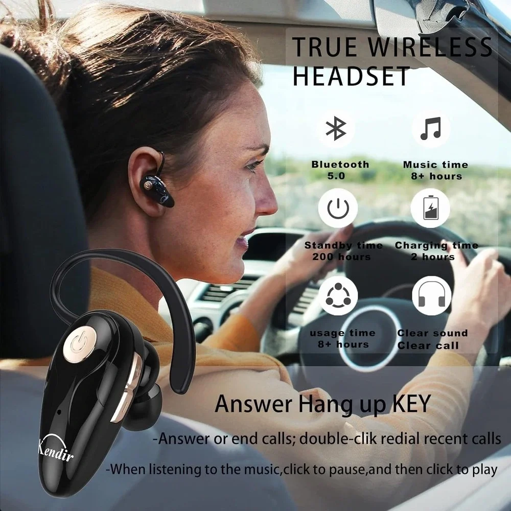 Kendir Wireless Headset K1 Bluetooth V5.0 Ultralight Cell Phone Earpiece w/ Mic